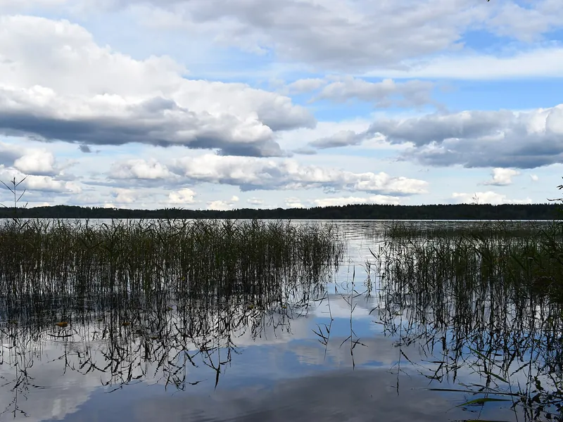 Валдайское озеро летом, облака отражаются в воде